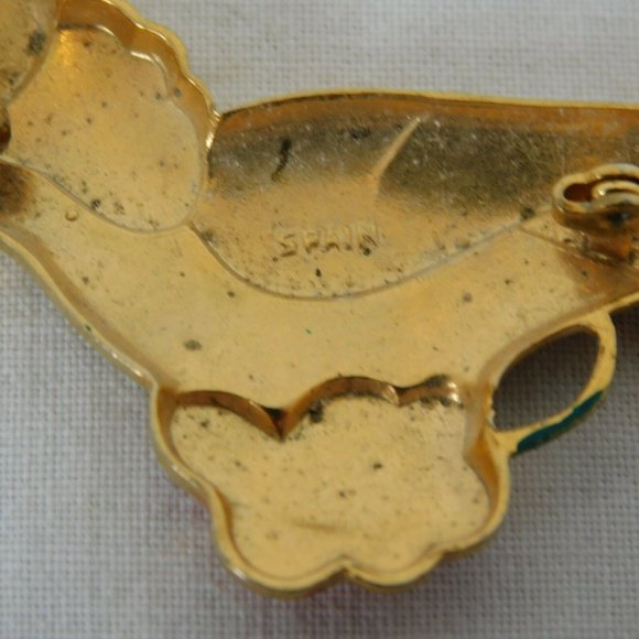 Bird Shaped Brooch Pin Layered Textured Red and Gold Tone Made in Spain 2" FLAW - Picture 8 of 8